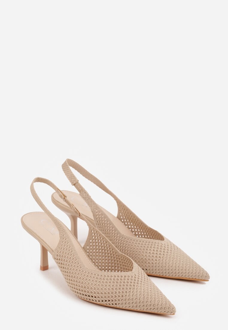 Beżowe Sandały Slingback z Ażurową Cholewką i Szpiczastym Noskiem Beethovia