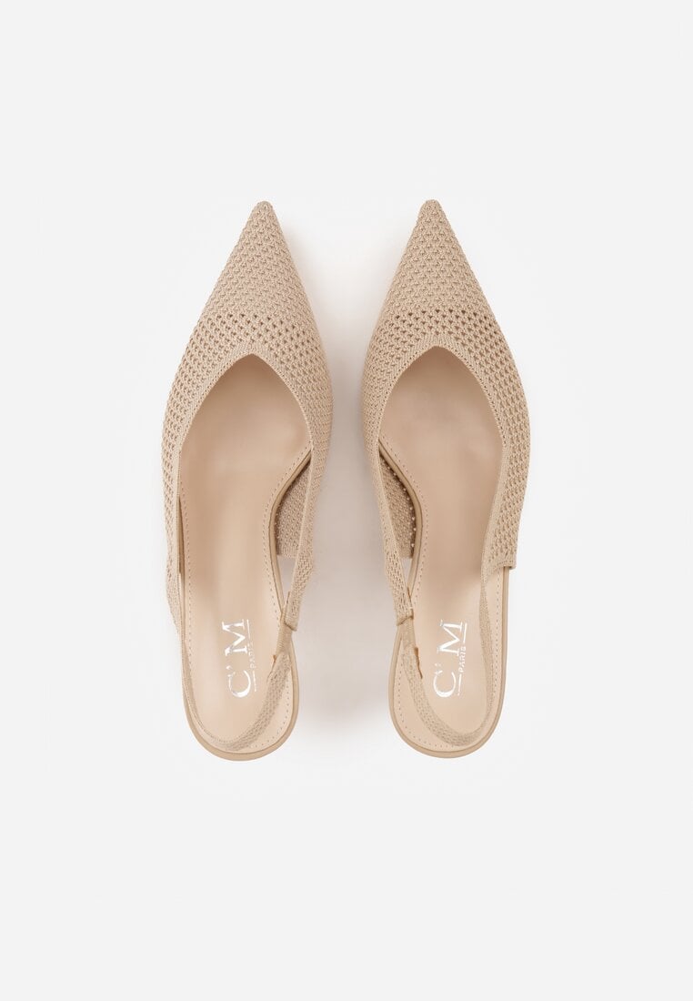 Beżowe Sandały Slingback z Ażurową Cholewką i Szpiczastym Noskiem Beethovia