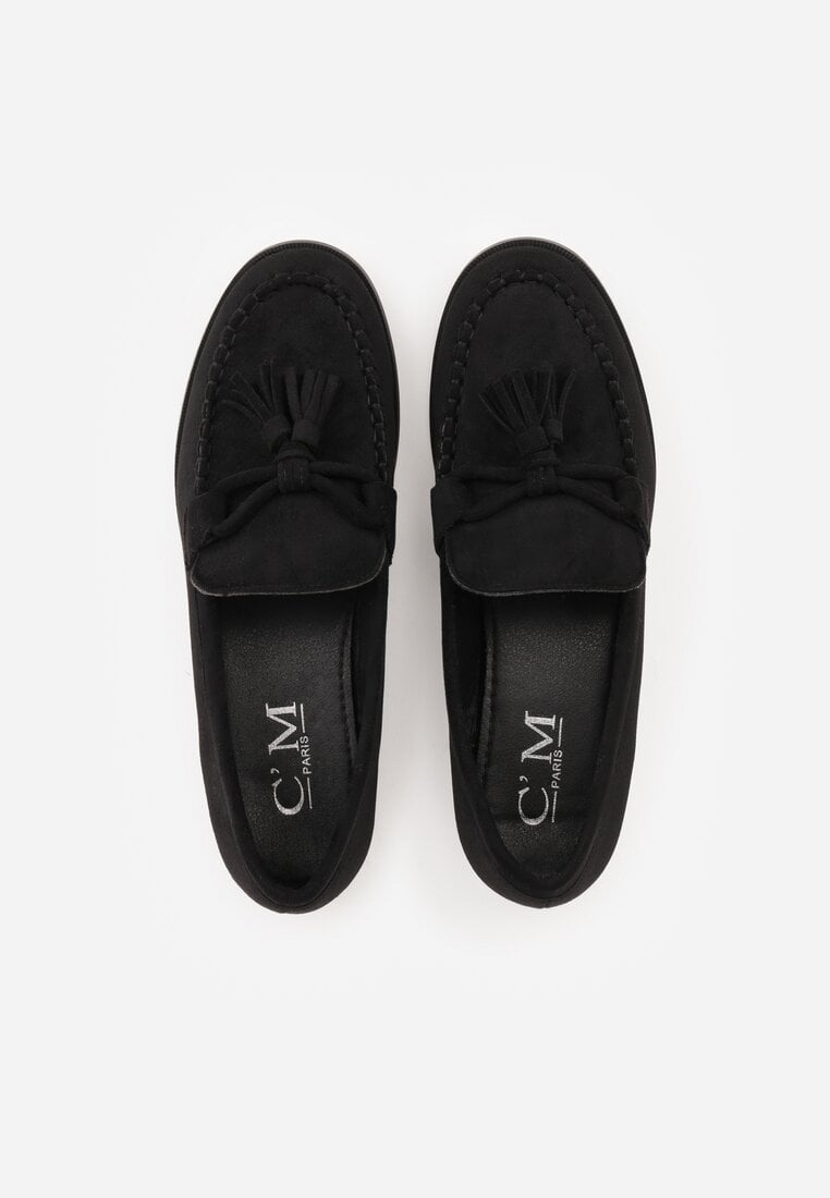 Czarne Mokasyny z Imitacji Zamszu z Aplikacją w Kształcie Kokardy z Frędzlami Edea