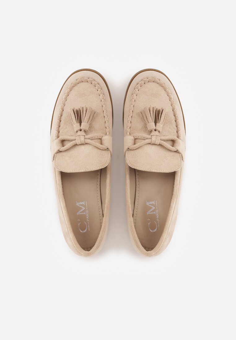Beżowe Mokasyny z Imitacji Zamszu z Aplikacją w Kształcie Kokardy z Frędzlami Edea