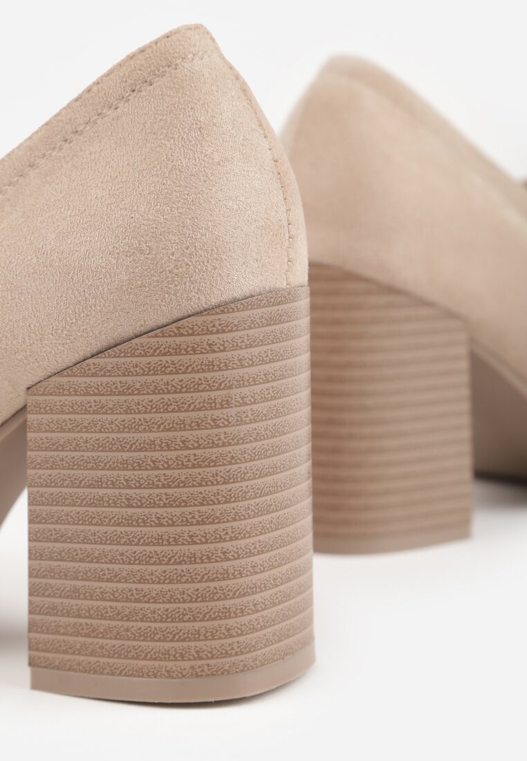Beżowe Półbuty Mokasyny na Słupku z Geometryczną Wstawką Edalinae