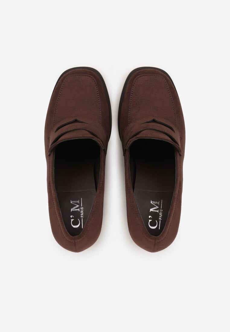 Brązowe Półbuty Mokasyny na Słupku z Geometryczną Wstawką Edalinae