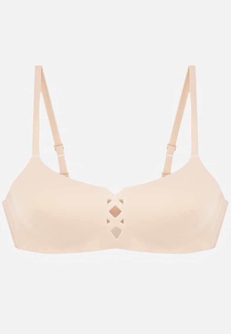 Beżowy Biustonosz o Gładkim Wykończeniu z Imitacją Wiązania Azisene