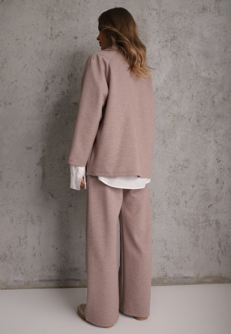 Beżowy Komplet Dresowy z Dzianiny z Wiskozą Bluza i Spodnie Wide Leg Nevelida