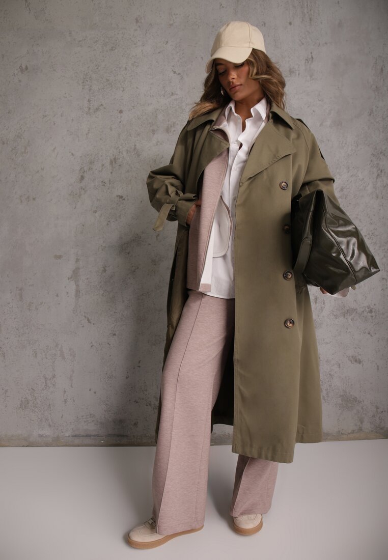 Beżowy Komplet Dresowy z Dzianiny z Wiskozą Bluza i Spodnie Wide Leg Nevelida