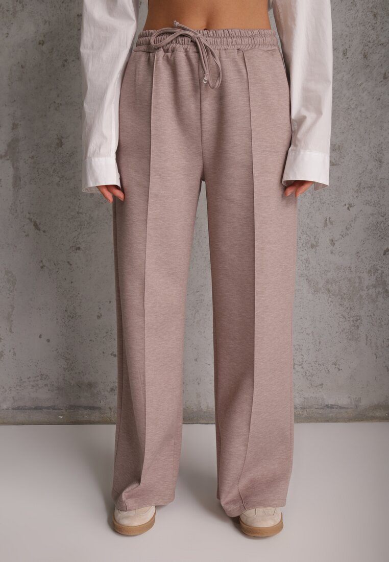 Beżowy Komplet Dresowy z Dzianiny z Wiskozą Bluza i Spodnie Wide Leg Nevelida