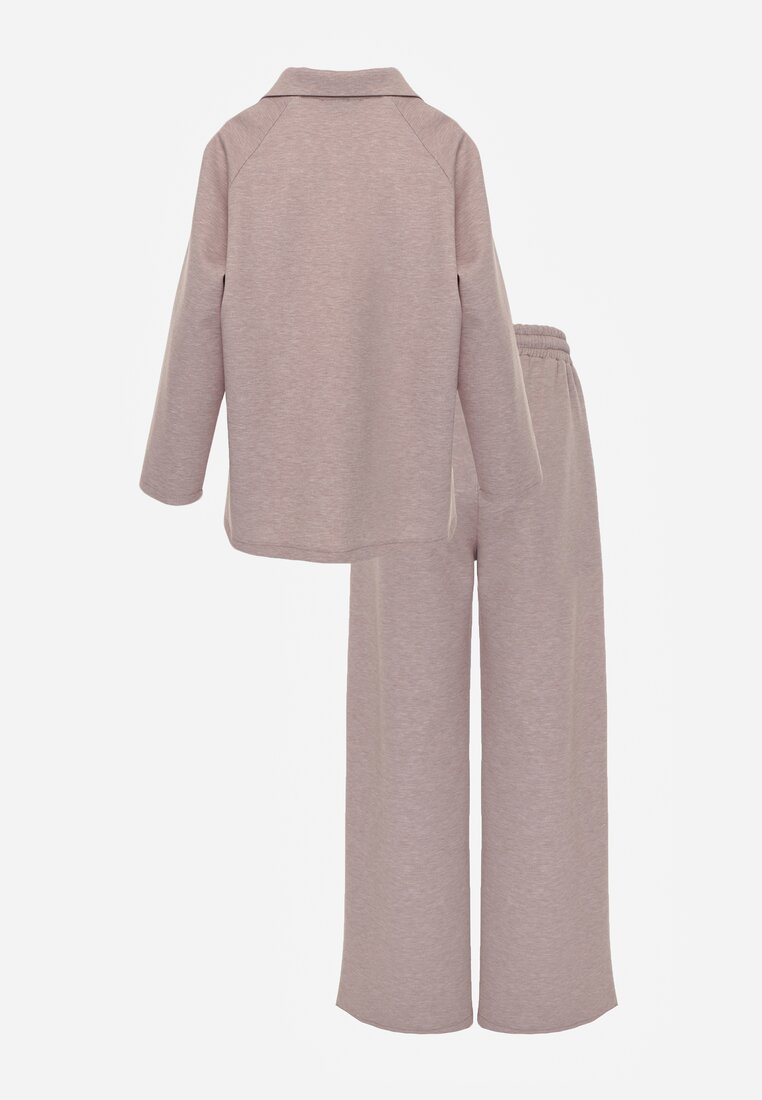 Beżowy Komplet Dresowy z Dzianiny z Wiskozą Bluza i Spodnie Wide Leg Nevelida