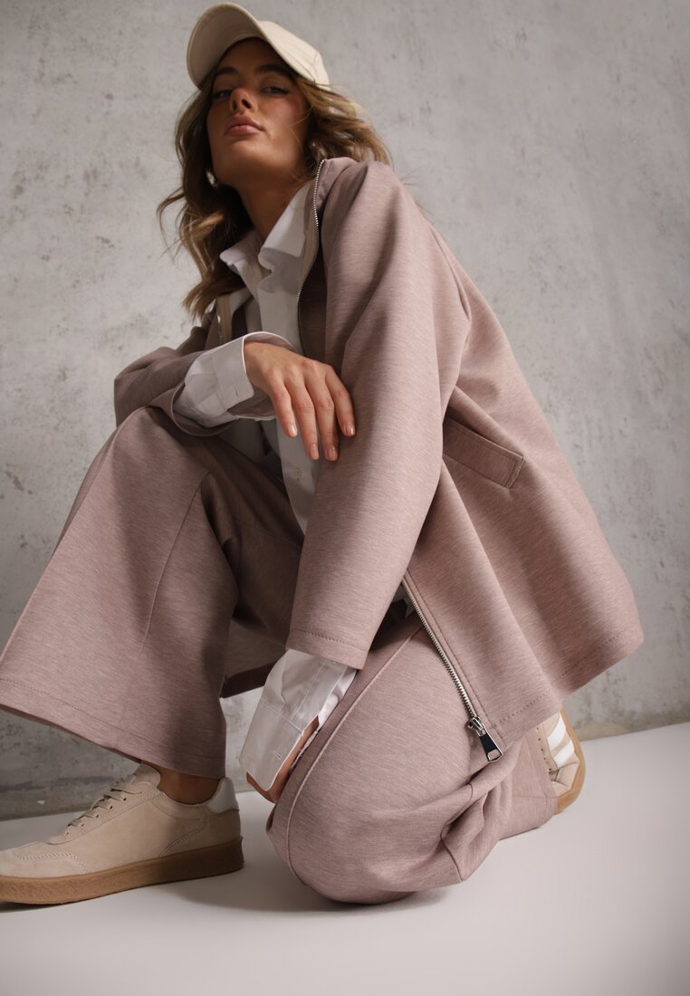 Beżowy Komplet Dresowy z Dzianiny z Wiskozą Bluza i Spodnie Wide Leg Nevelida