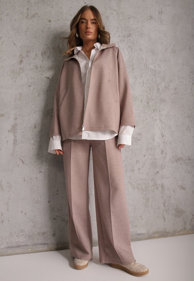 Beżowy Komplet Dresowy z Dzianiny z Wiskozą Bluza i Spodnie Wide Leg Nevelida