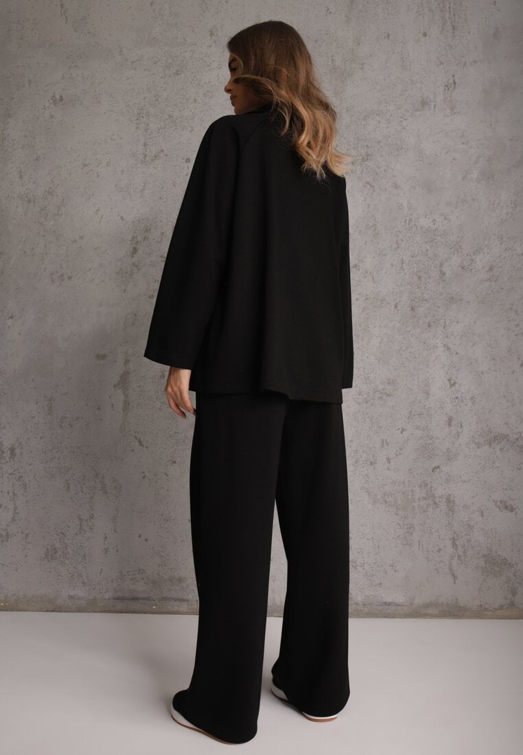 Czarny Komplet Dresowy z Dzianiny z Wiskozą Bluza i Spodnie Wide Leg Nevelida