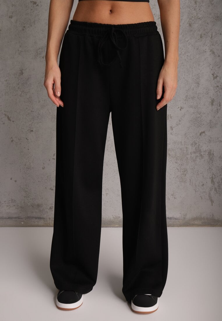 Czarny Komplet Dresowy z Dzianiny z Wiskozą Bluza i Spodnie Wide Leg Nevelida