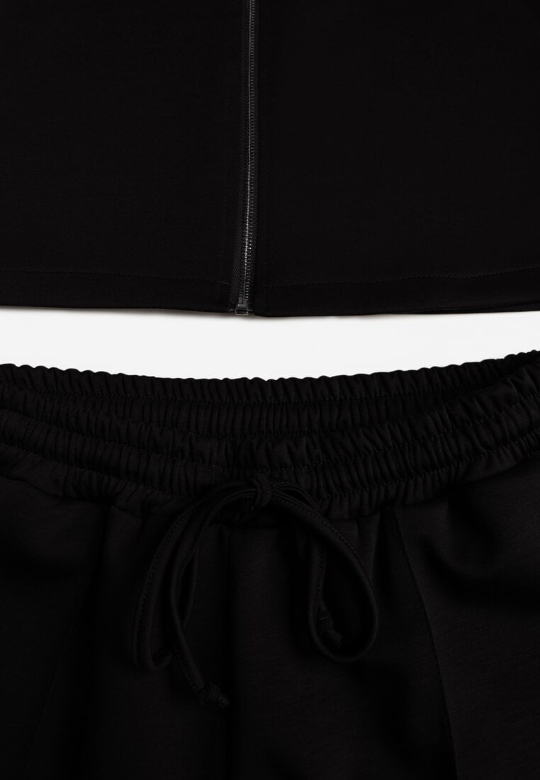 Czarny Komplet Dresowy z Dzianiny z Wiskozą Bluza i Spodnie Wide Leg Nevelida