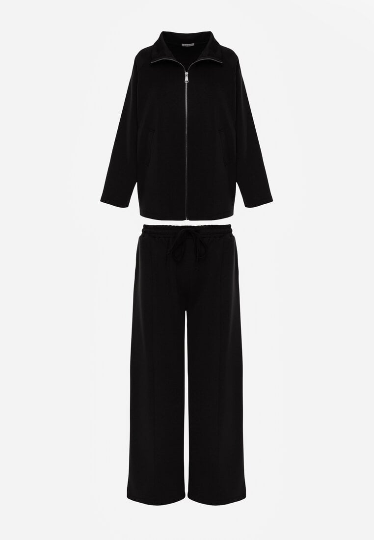 Czarny Komplet Dresowy z Dzianiny z Wiskozą Bluza i Spodnie Wide Leg Nevelida