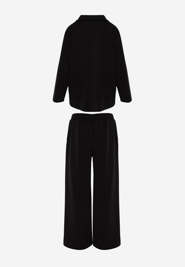 Czarny Komplet Dresowy z Dzianiny z Wiskozą Bluza i Spodnie Wide Leg Nevelida