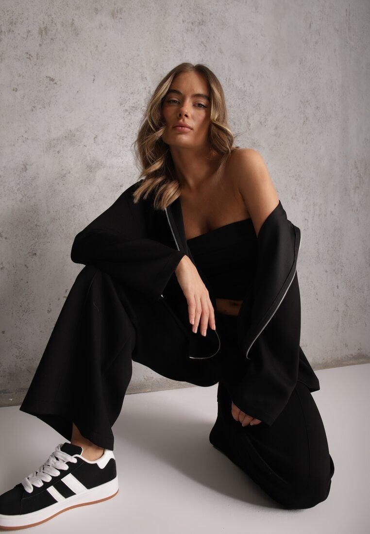 Czarny Komplet Dresowy z Dzianiny z Wiskozą Bluza i Spodnie Wide Leg Nevelida