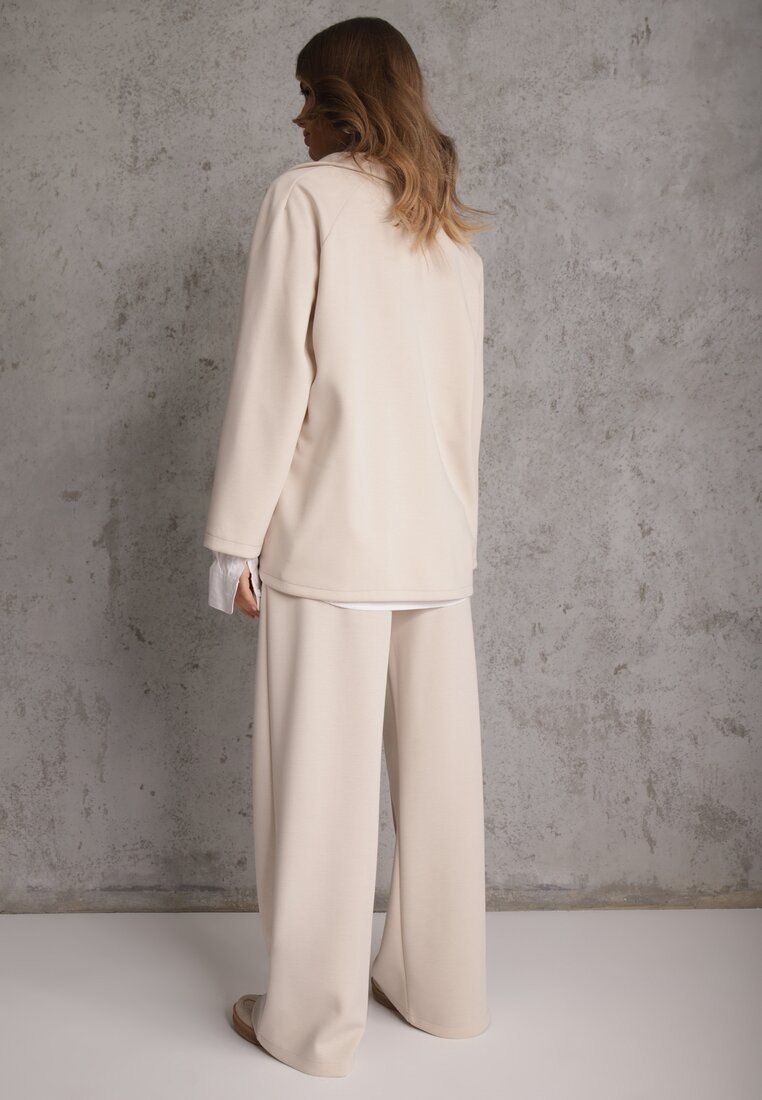 Jasnobeżowy Komplet Dresowy z Dzianiny z Wiskozą Bluza i Spodnie Wide Leg Nevelida