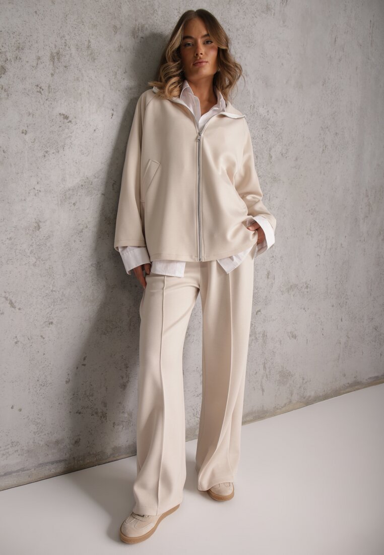 Jasnobeżowy Komplet Dresowy z Dzianiny z Wiskozą Bluza i Spodnie Wide Leg Nevelida