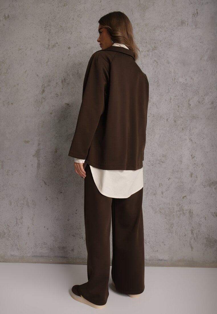 Ciemnobrązowy Komplet Dresowy z Dzianiny z Wiskozą Bluza i Spodnie Wide Leg Nevelidaa