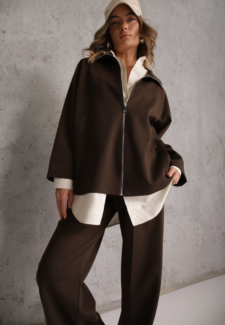 Ciemnobrązowy Komplet Dresowy z Dzianiny z Wiskozą Bluza i Spodnie Wide Leg Nevelidaa