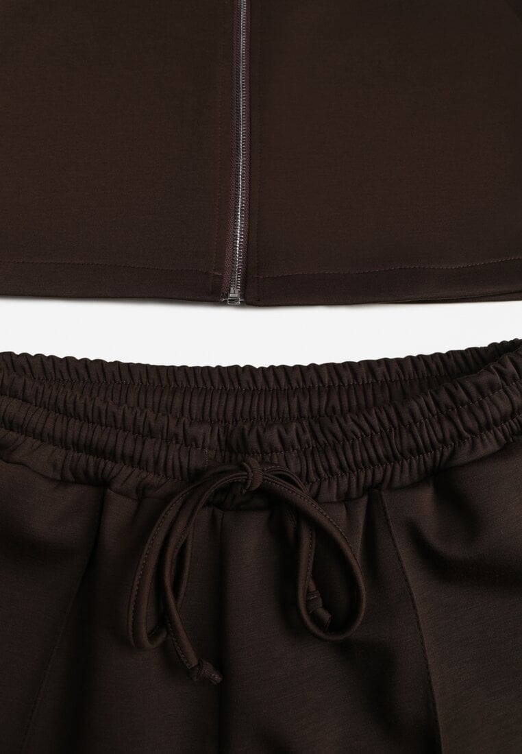 Ciemnobrązowy Komplet Dresowy z Dzianiny z Wiskozą Bluza i Spodnie Wide Leg Nevelidaa