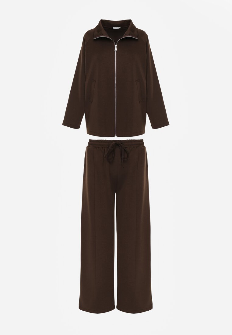 Ciemnobrązowy Komplet Dresowy z Dzianiny z Wiskozą Bluza i Spodnie Wide Leg Nevelidaa