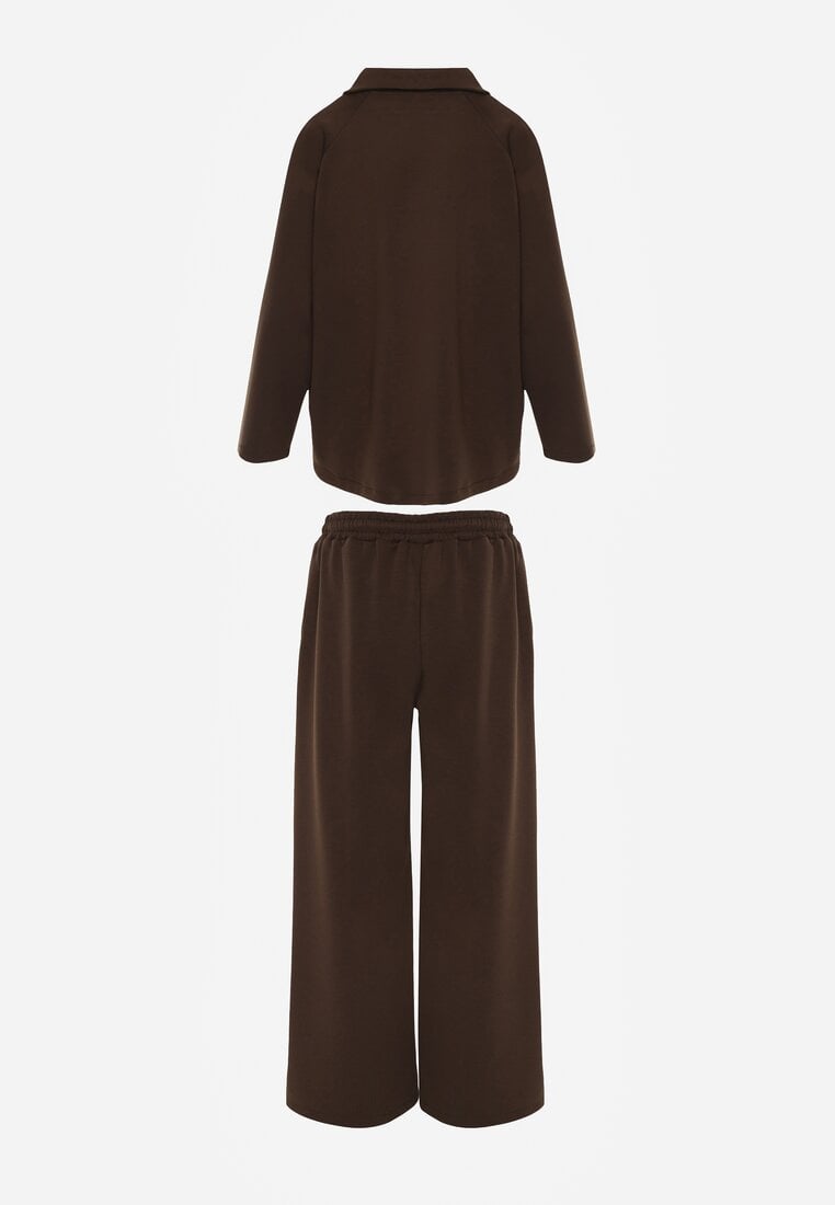 Ciemnobrązowy Komplet Dresowy z Dzianiny z Wiskozą Bluza i Spodnie Wide Leg Nevelidaa