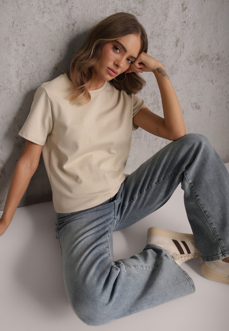 Beżowy Casualowy T-shirt z Bawełny Nealiara