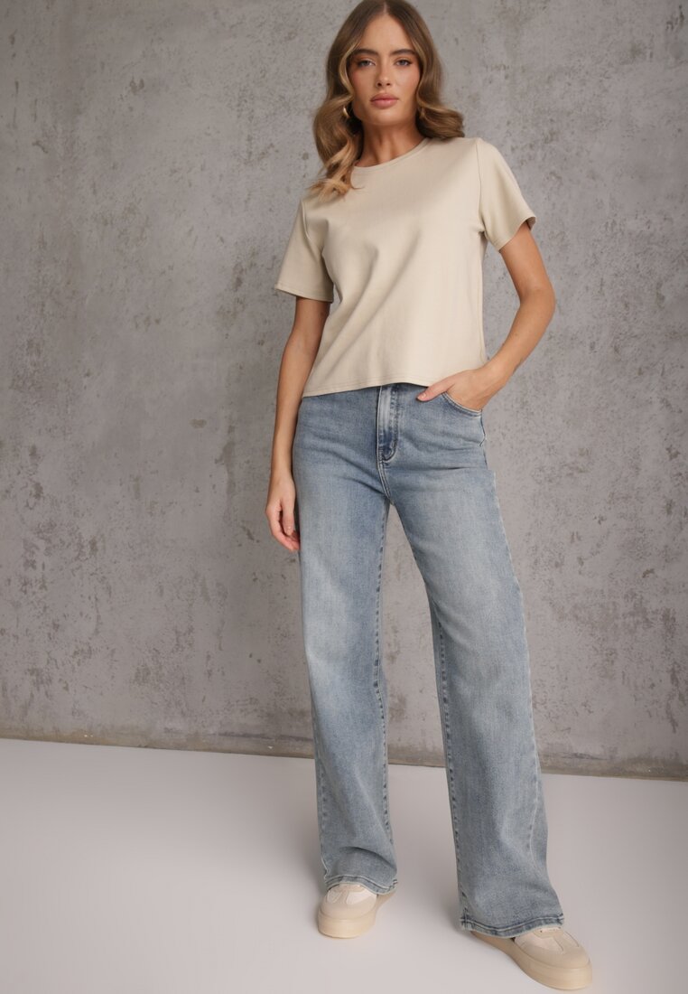 Beżowy Casualowy T-shirt z Bawełny Nealiara