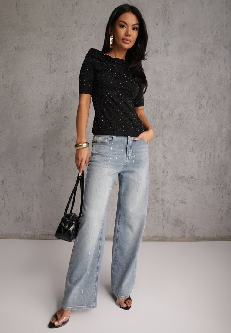 Czarna Bluzka z Dekoltem Typu Łódka Ozdobiona Cyrkoniami Neaninna