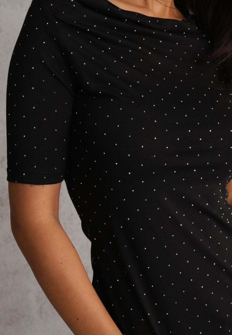 Czarna Bluzka z Dekoltem Typu Łódka Ozdobiona Cyrkoniami Neaninna