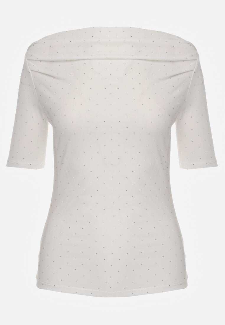 Biała Bluzka z Dekoltem Typu Łódka Ozdobiona Cyrkoniami Neaninna