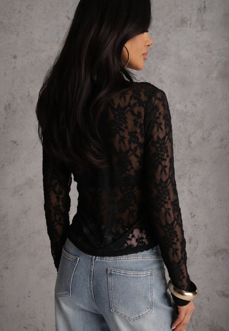 Czarna Bluzka Półgolf z Koronki Dinita