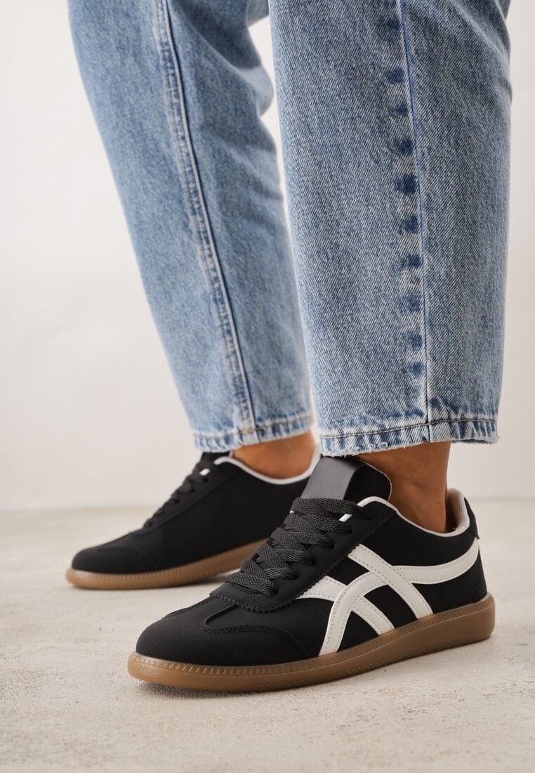 Czarne Sneakersy w Stylu Tenisówek Ozdobione Geometrycznymi Paskami Zitora