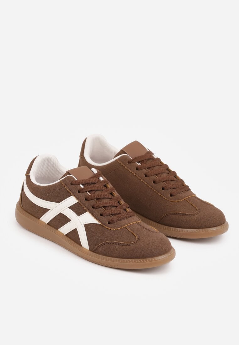 Brązowe Sneakersy w Stylu Tenisówek Ozdobione Geometrycznymi Paskami Zitora