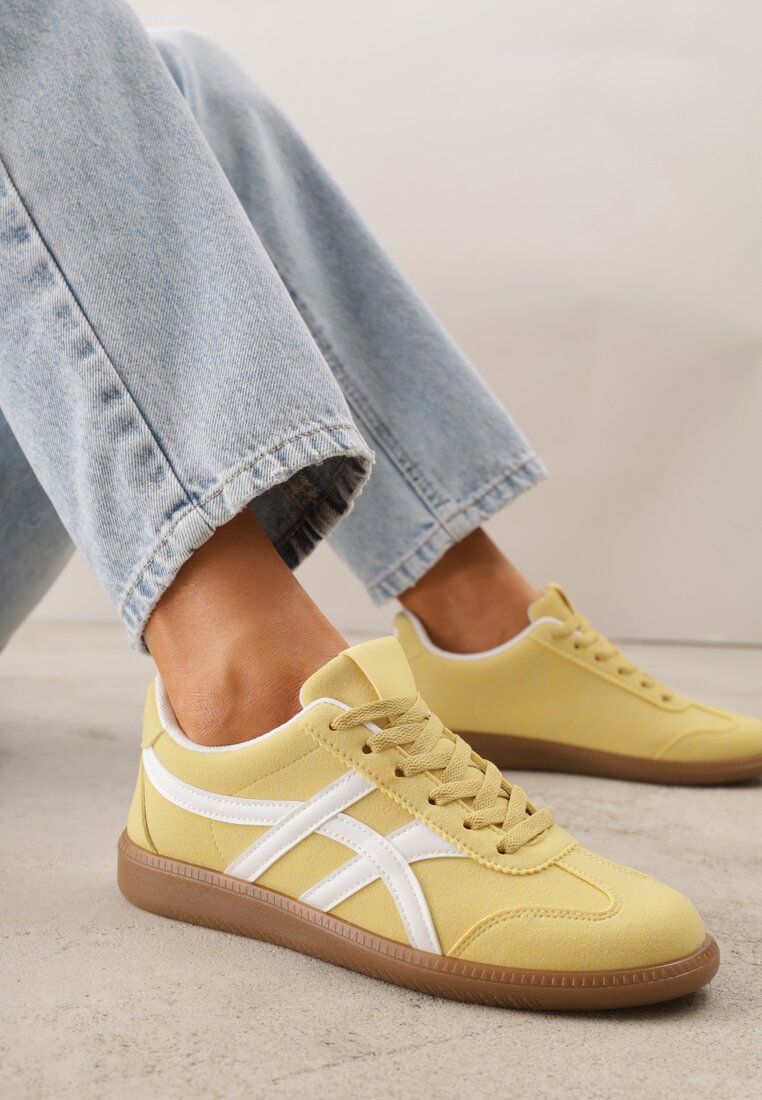 Żółte Sneakersy w Stylu Tenisówek Ozdobione Geometrycznymi Paskami Zitora