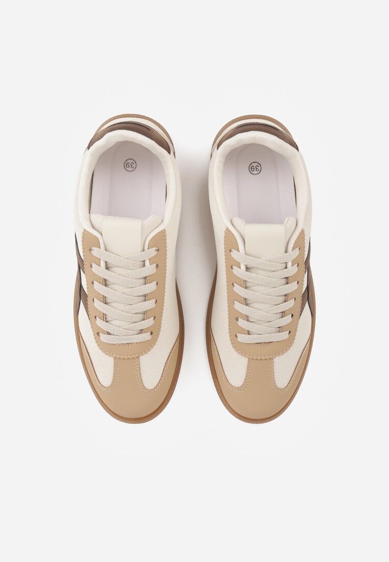 Beżowo-Brązowe Sneakersy w Stylu Tenisówek Ozdobione Geometrycznymi Paskami Zitora