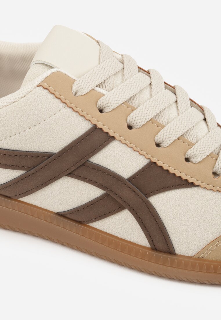 Beżowo-Brązowe Sneakersy w Stylu Tenisówek Ozdobione Geometrycznymi Paskami Zitora