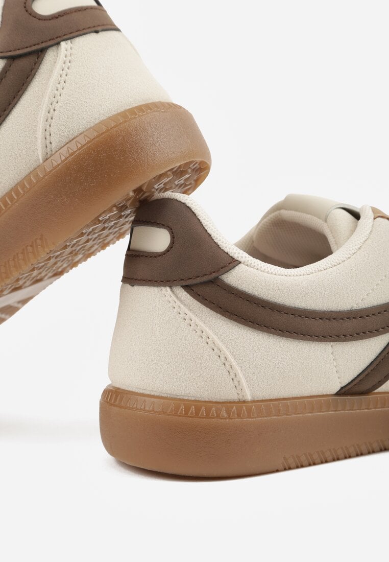 Beżowo-Brązowe Sneakersy w Stylu Tenisówek Ozdobione Geometrycznymi Paskami Zitora
