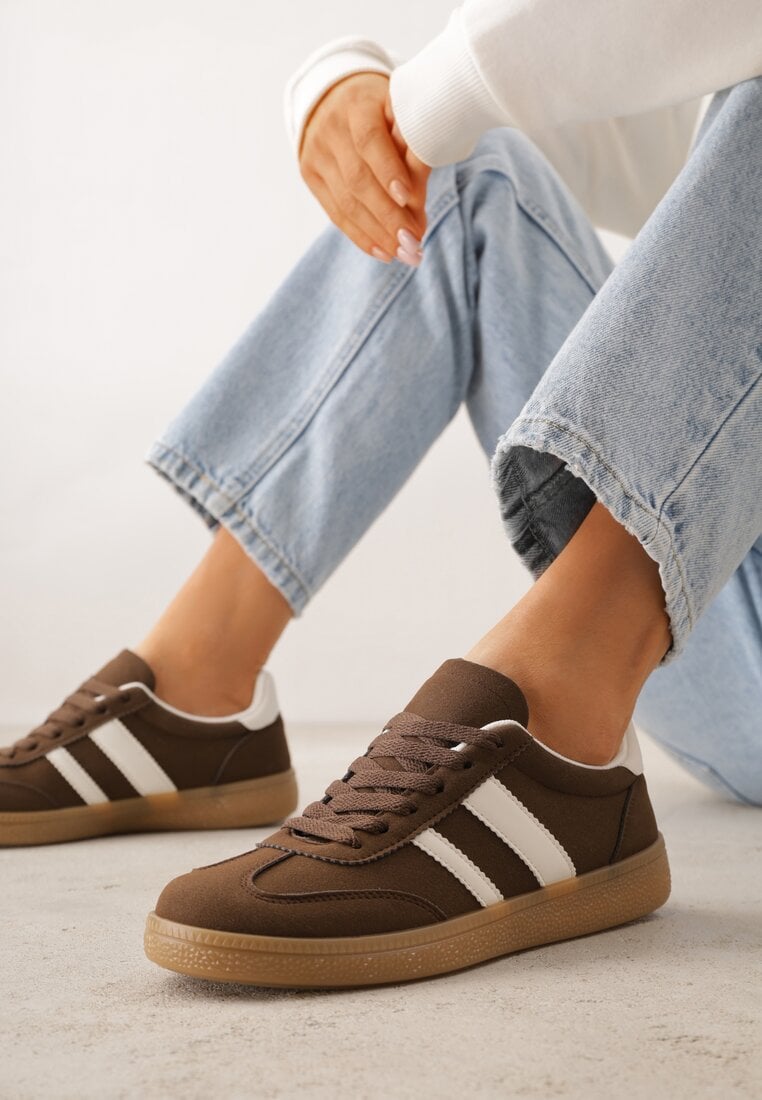 Brązowe Sneakersy Typu Tenisówki Ozdobione Paskami po Bokach Fefia