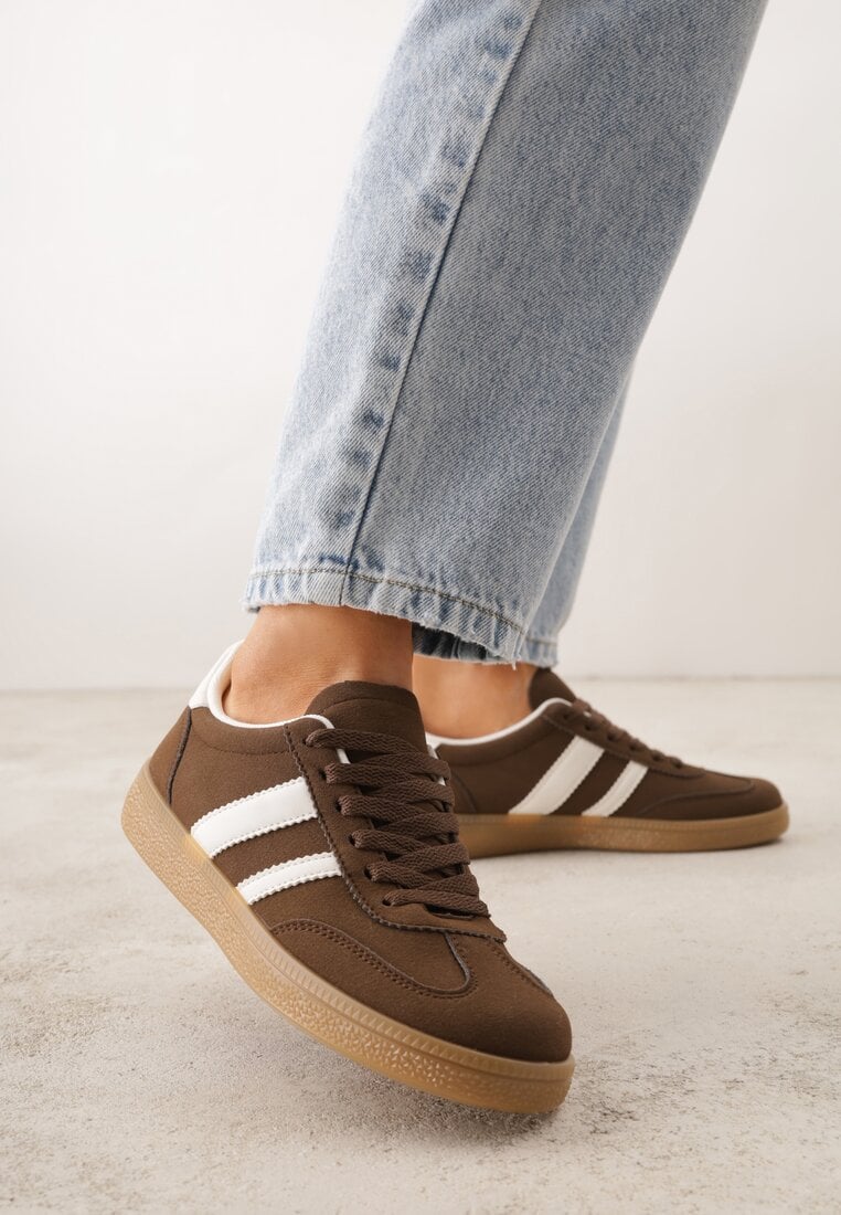 Brązowe Sneakersy Typu Tenisówki Ozdobione Paskami po Bokach Fefia