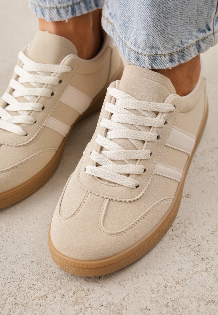 Beżowe Sneakersy Typu Tenisówki Ozdobione Paskami po Bokach Fefia