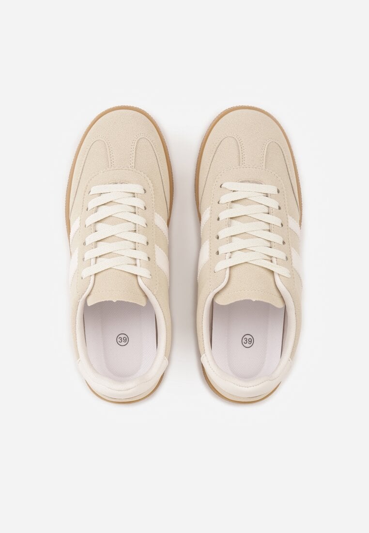 Beżowe Sneakersy Typu Tenisówki Ozdobione Paskami po Bokach Fefia