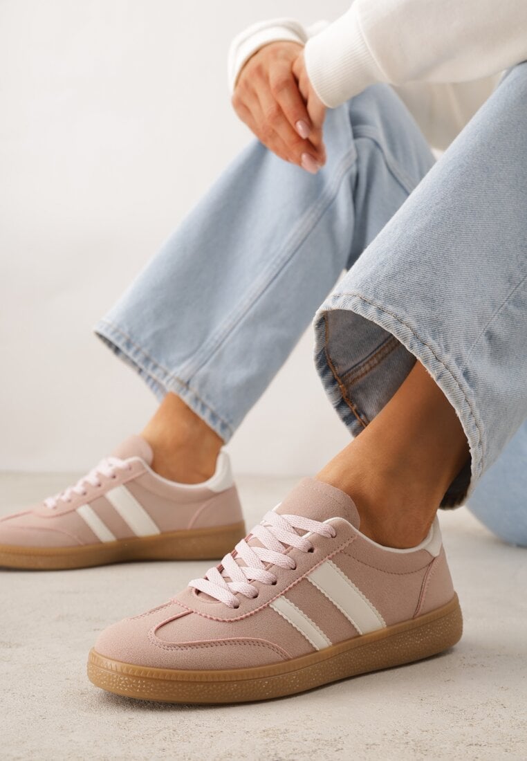 Różowe Sneakersy Typu Tenisówki Ozdobione Paskami po Bokach Fefia