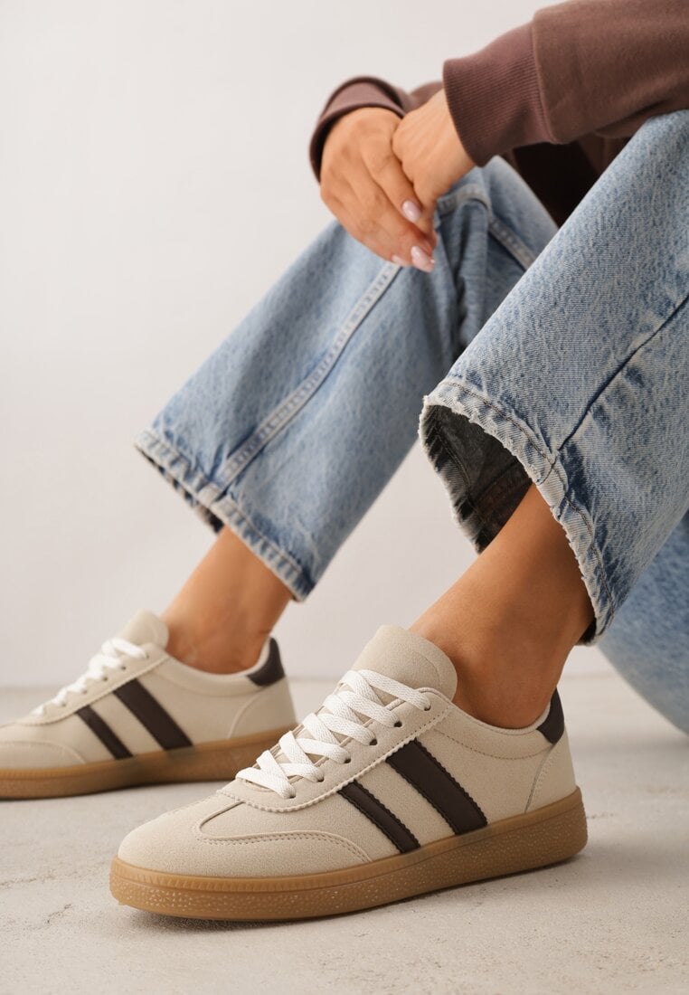 Beżowo-Brązowe Sneakersy Typu Tenisówki Ozdobione Paskami po Bokach Fefia