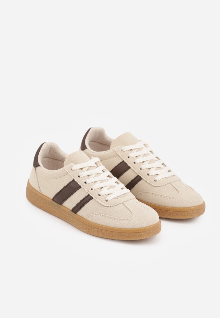 Beżowo-Brązowe Sneakersy Typu Tenisówki Ozdobione Paskami po Bokach Fefia