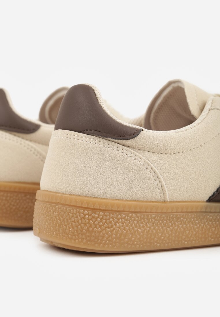 Beżowo-Brązowe Sneakersy Typu Tenisówki Ozdobione Paskami po Bokach Fefia