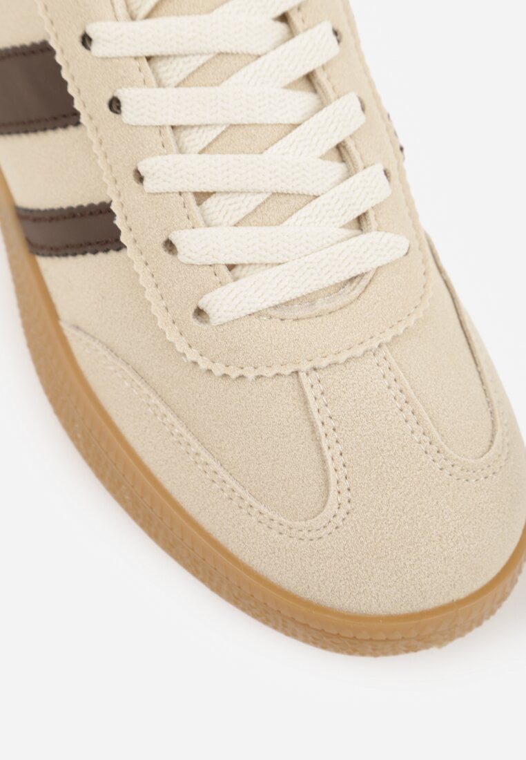 Beżowo-Brązowe Sneakersy Typu Tenisówki Ozdobione Paskami po Bokach Fefia