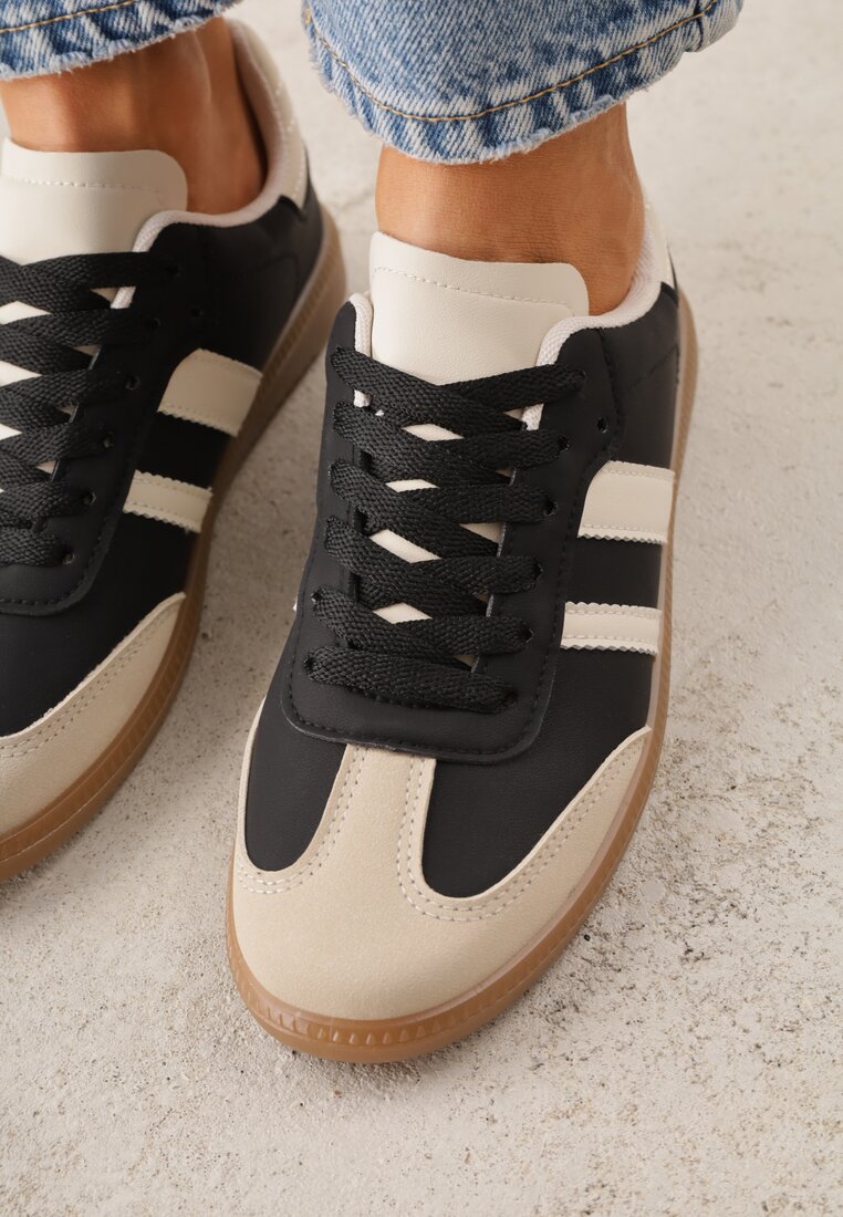 Czarno-Beżowe Casualowe Sneakersy na Płaskiej Podeszwie z Paskami Jereria