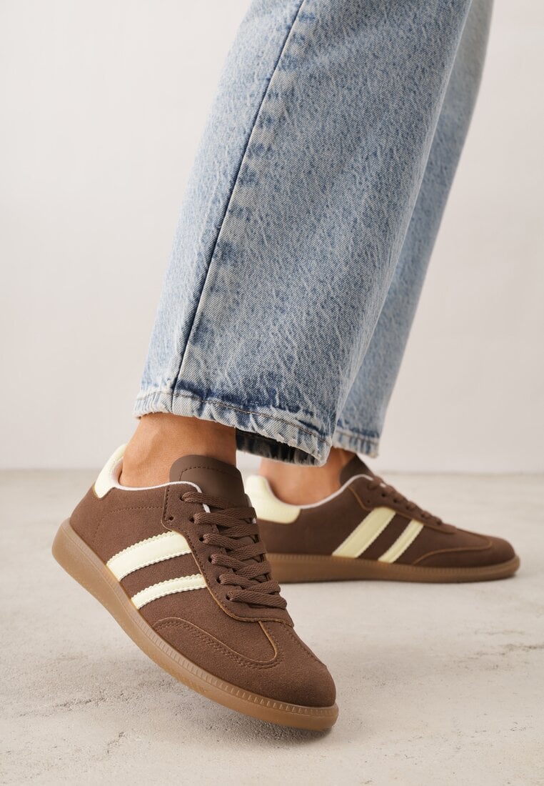 Brązowo-Żółte Casualowe Sneakersy na Płaskiej Podeszwie z Paskami Jereria