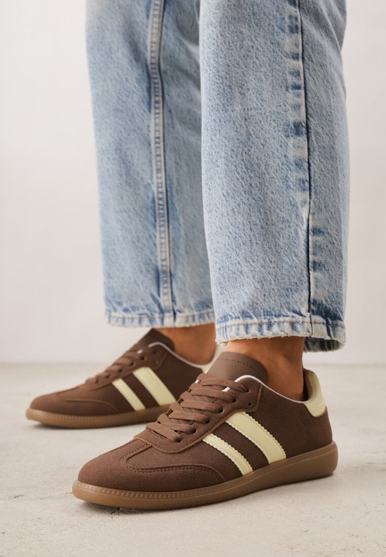 Brązowo-Żółte Casualowe Sneakersy na Płaskiej Podeszwie z Paskami Jereria